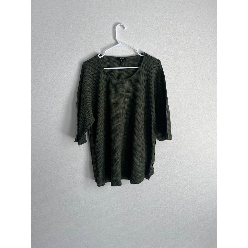 AUW Waffle Knit Blouse Top Womens‎ 2X Olive Green 3/4 Sleeve High Low Hem Casual